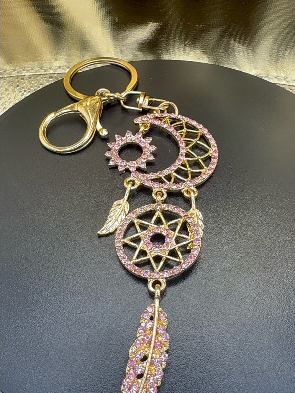 Gold-Tone Pink Crystal Dreamcatcher Keychain